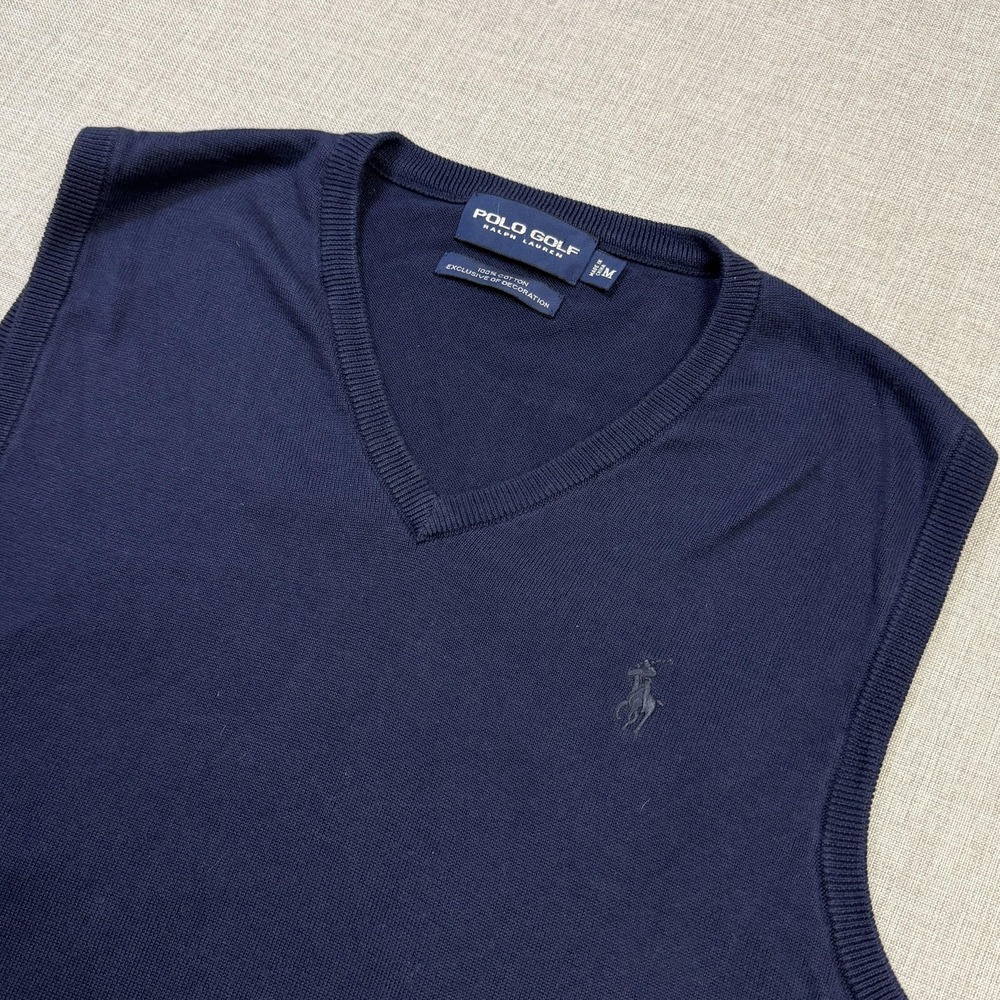 Polo Golf Ralph Lauren Sweater Vest Mens Medium Blue V-Neck Cotton Tight-Knit